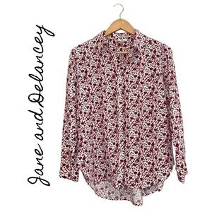 JANE AND DELANCEY Floral Long Sleeve Button Down Top Rayon Tab Cottagecore Wmn S